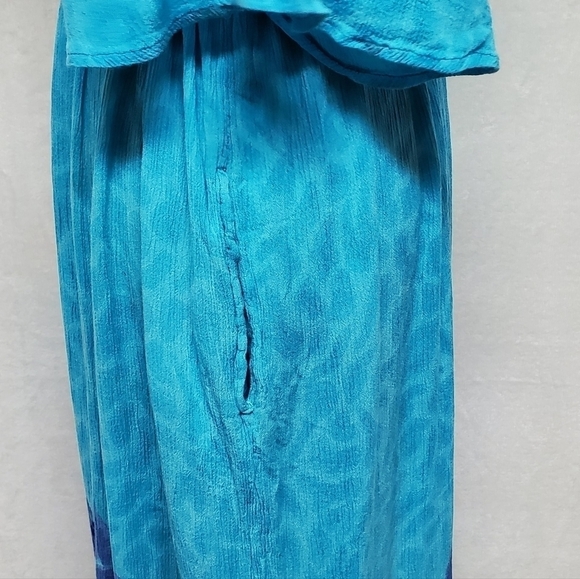 VINTAGE Aqua Blue Tropical Palm Leaf Flutter Sleeve Belted Pocket Dress Mumu - Picture 11 of 15